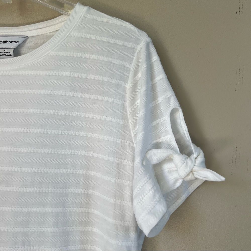 Liz Claiborne Crisp White Cotton Tie Sleeve Ribbed Blouse Top Size Large - Picture 4 of 14